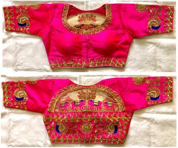Pink Colour Malbari Silk With Zari Hand Stone Work Full Stitched Blouse