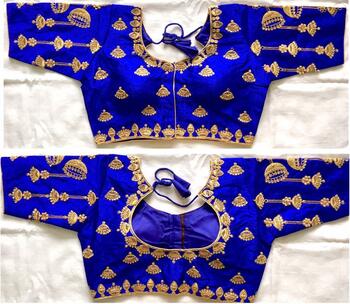 Royal Blue Thread Coding With Hand Work Readymade Blouse Design Online