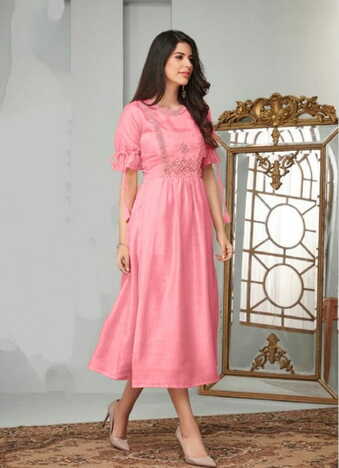 Pretty Pink Color Cotton Embroidered Work Ready Made Kurti For Party Wear