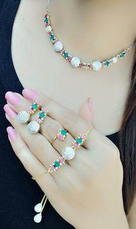 Repellent Pink & Green Diamond Colour Jewellery Set KLP196