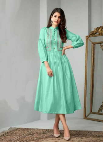 Dashing Sea Green Color Cotton Full Stitched Embroidered Work Kurti For Women