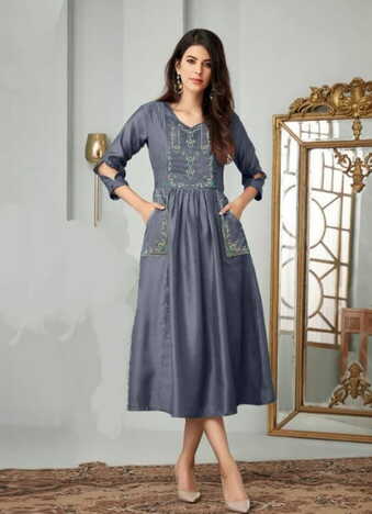 Party Wear Dark Grey Color Embroidered Work Cotton Full Stitched Kurti For Women