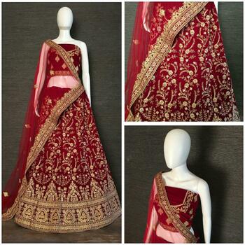 Knockout Maroon Color Designer Wedding Wear Velvet Coding Embroidered Work Lehenga Choli