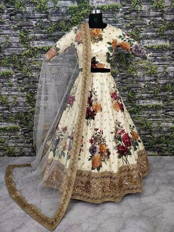 Opulent Off White Color Designer Satin Silk Fancy Digital Printed Embroidered Work Party Wear Lehenga Choli