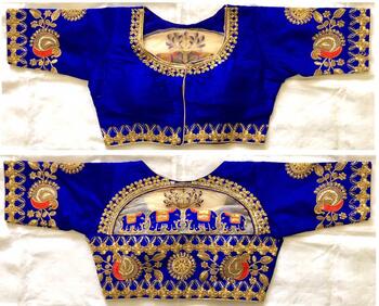 Royal Blue Colour Malbari Silk With Zari Stone Hand Work Full Stitched Blouse