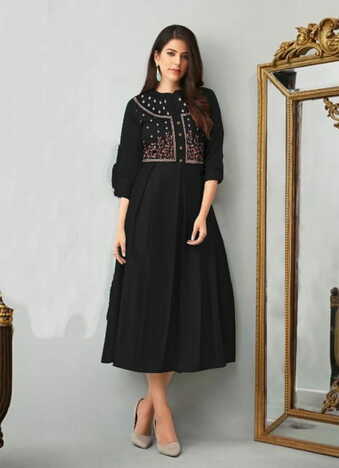 Delightful Black Color Embroidered Work Cotton Ready Made Kurti For Party Wear