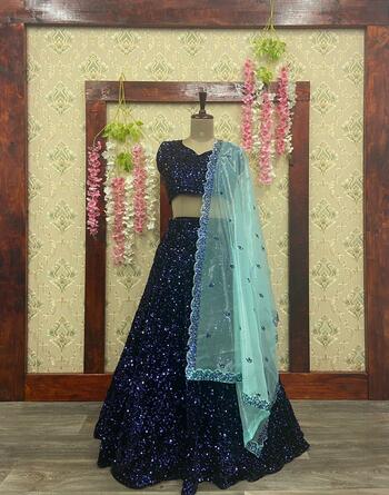 Winsome Blue Color Wedding Wear Stylish Velvet Sequence Embroidered Work Lehenga Choli