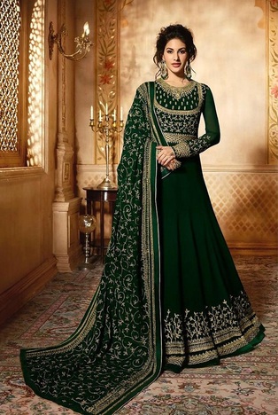 Green Colour Georgette Embroidered Anakrali Salwar Suit For women