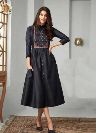 Glourious Navy Blue Color Full Stitched Embroidered Work Cotton Kurti For Women