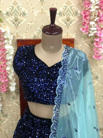 Winsome Blue Color Wedding Wear Stylish Velvet Sequence Embroidered Work Lehenga Choli