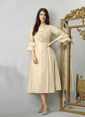 Glowing Cream Color Cotton Ready MadeEmbroidered Designer Kurti For Party Wear