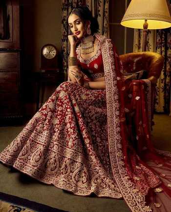 Knockout Maroon Color Designer Wedding Wear Velvet Coding Embroidered Work Lehenga Choli