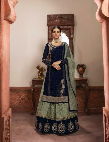 Surpassing Navy Blue Color Stylish Faux Georgette Designer Embroidered Work Indo Western Lehenga For Function Wear