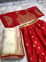 Remarkable Red Color Banglori Satin Silk Embroidered Work Fancy Lehenga Choli For Women