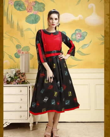 Jazzy Black Color Ready Made Digital Printed Rayon Kurti For Party Wear