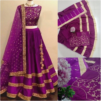Wedding Wear Purple Color Taffeta Silk Embroidered Semi Stitched Lehenga