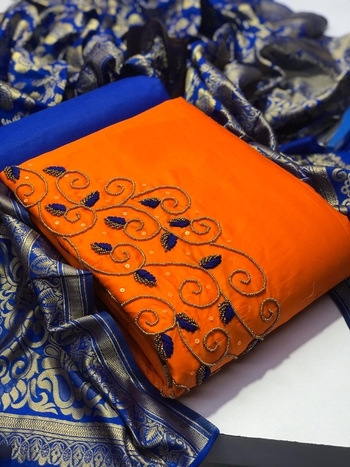 Striking Orange  Blue Pure Jam Cotton Salwar Kameez For Women