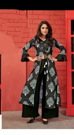 Dazzling Black Cotton Ready Made Digital Printed Indo Western