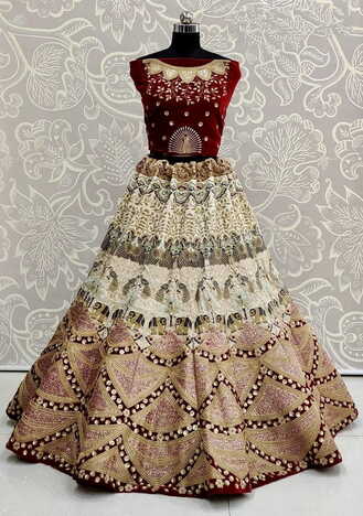 Attractive Maroon Color Wedding Wear Diamond Multi Thread Embroidered Work Cotton Silk Velvet Lehenga Choli