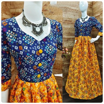 Mustard Color Cotton Full Stitched Printed Party Wear Gown