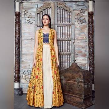 Stunning Yellow Color Georgette Digital Printed Lehengas For Women