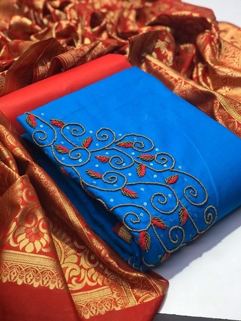 Blue Red Pure Jam Cotton With Designer Banarasi Zari Dupatta Dress Material