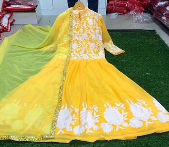 Beautiful Lemon Yellow Color Georgette White Embroidered Work Readymade Gown with Dupatta