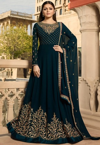 Navy Blue Color Georgette With Embroidered Semi Stitched Suit Design