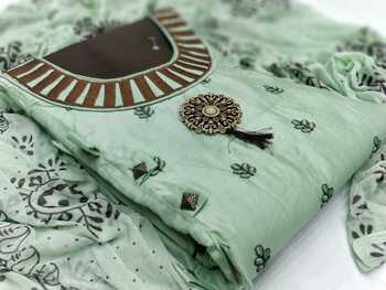 Green Color Heavy Glace Cotton Embroidered Unstitched Dress Material