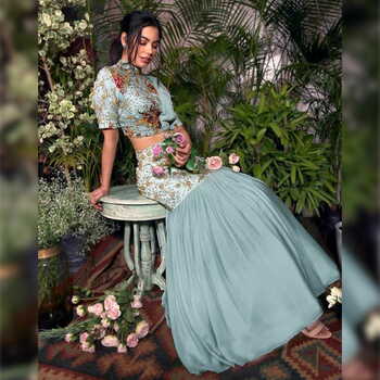 Amazing Sky Blue Georgette Satin Zari Embroidered Work Lehenga Choli Online