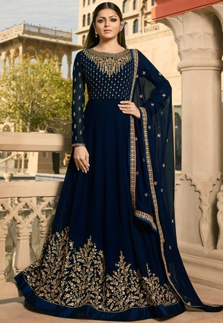 Dark Blue Georgette Embroidered Party Wear Semi Stitched Suit