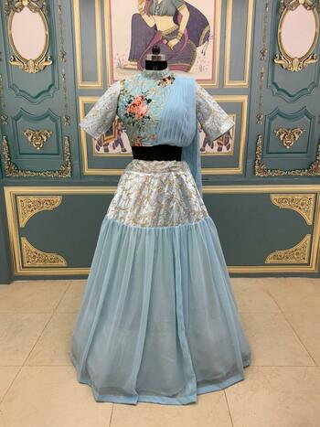 Amazing Sky Blue Georgette Satin Zari Embroidered Work Lehenga Choli Online