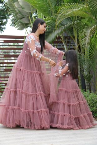 Pink Soft Net Ruffle Embroidered Work Dashing Mother Daughter Combo Gown
