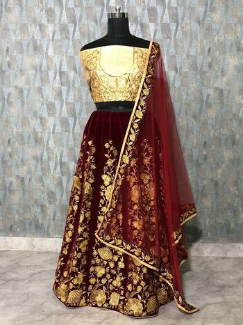 Winsome Maroon Color Taffeta Velvet Embroidered Work Wedding Wear Lehenga Choli