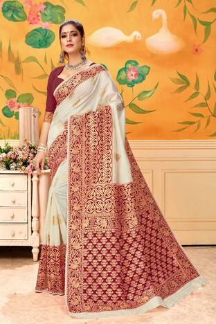 Cream Banarasi Kota Silk Fancy Saree For Party Wear Design Online