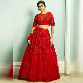 Wedding Wear Red Color Beautiful Semi Stitched Soft Net Fancy Zari Embroidered Patch Flowers Work Lehenga Choli For Women
