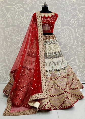Absorbing Wear Red Color Designer Velvet Cotton Silk Multi Thread Embroidered Diamond Work Lehenga Choli