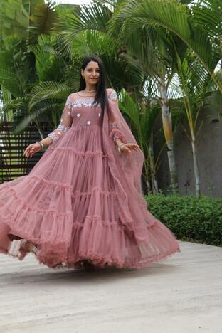 Pink Soft Net Ruffle Embroidered Work Dashing Mother Daughter Combo Gown
