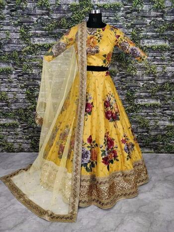 Winning Yellow Color Wedding Wear Satin Silk Digital Printed Embroidered Work Lehenga Choli