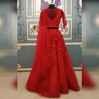 Wedding Wear Red Color Beautiful Semi Stitched Soft Net Fancy Zari Embroidered Patch Flowers Work Lehenga Choli For Women