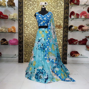 Fabulous Light Blue Color Crape Digital Printed Occasion Wear Lehenga Choli