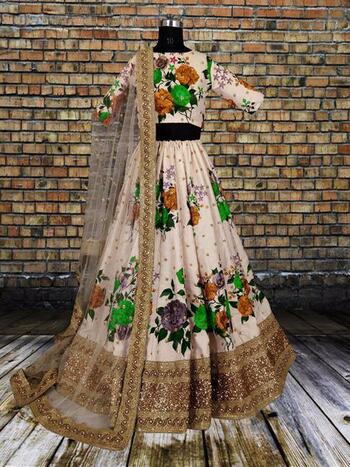 Adorable Cream Color Flower Digital Print Satin Silk Designer Embroidered Work Lehenga Choli For Festival Wear