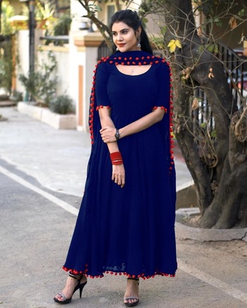 Blue Color Georgette Pom Pom Festive Wear Dupatta Gown