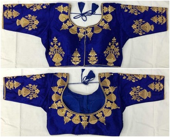 Party Wear Navy Blue Embroidered Two tone Silk Stitched Blouse Design For Function
