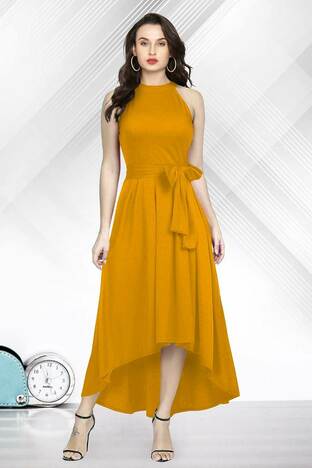 Entrancing Mustard Color Occasion Wear Stylish Rayon Plain Design Ready Made Gown Online Shopping