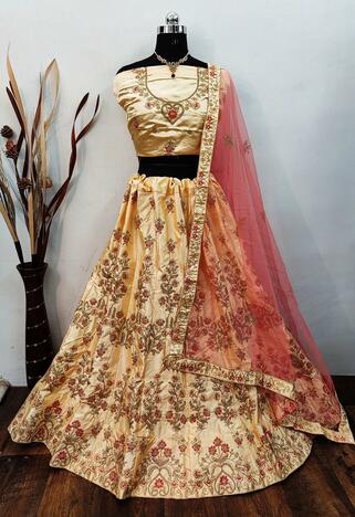 Symmetrical Cream Work Fancy Silk Satin Design Party Wear Lehenga Choli For Women