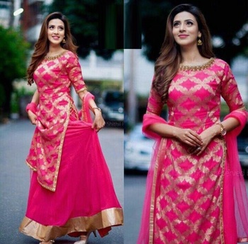 Gorgeous Pink Color Rayon Golden Foil Printed Ready Made Indo Western Suit Design For Women