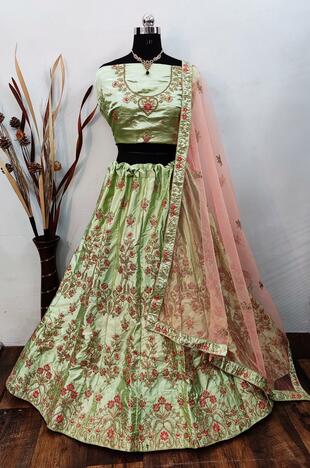 Artistic Green Work Designer Satin Silk Traditional Wear Lehenga Choli