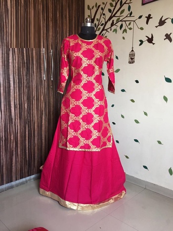 Gorgeous Pink Color Rayon Golden Foil Printed Ready Made Indo Western Suit Design For Women