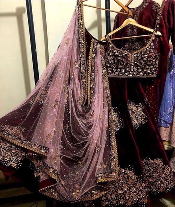 Maroon Color Wedding Wear Velvet Embroidered Work Lehenga Choli